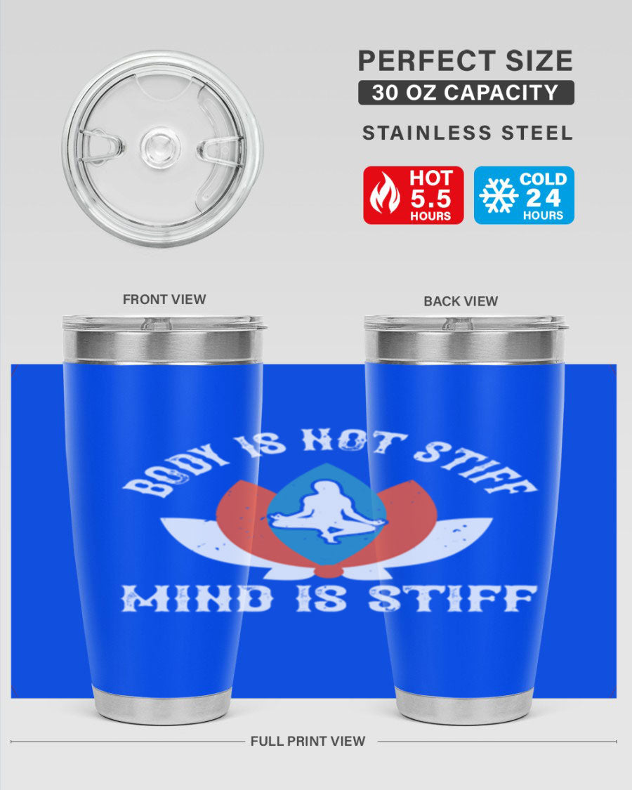 20oz stainless steel tumbler with motivational yoga quote, double wall vacuum insulation, and drink-thru lid.