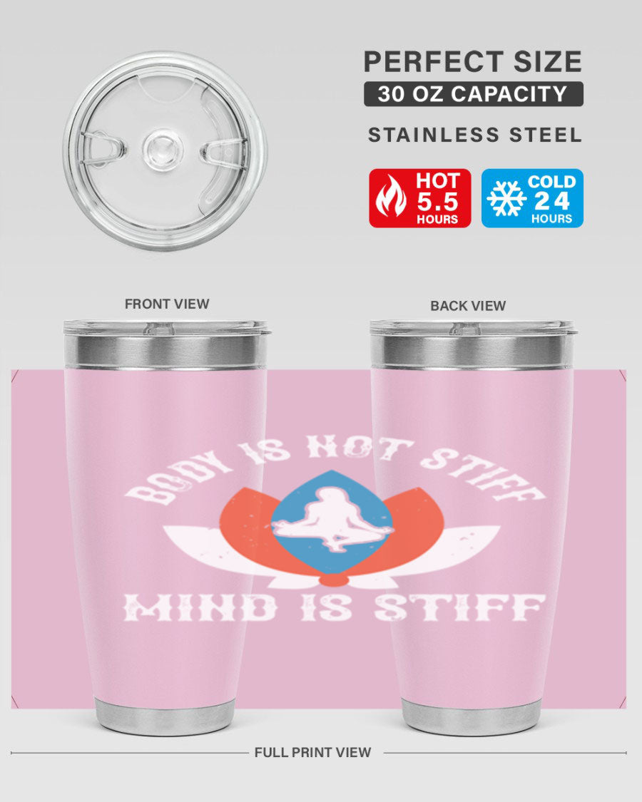 20oz stainless steel tumbler with motivational yoga quote, double wall vacuum insulation, and drink-thru lid.