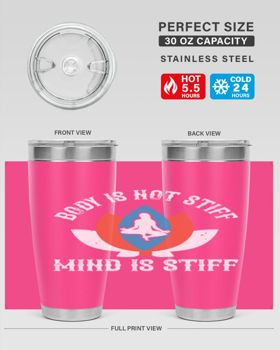 20oz stainless steel tumbler with motivational yoga quote, double wall vacuum insulation, and drink-thru lid.