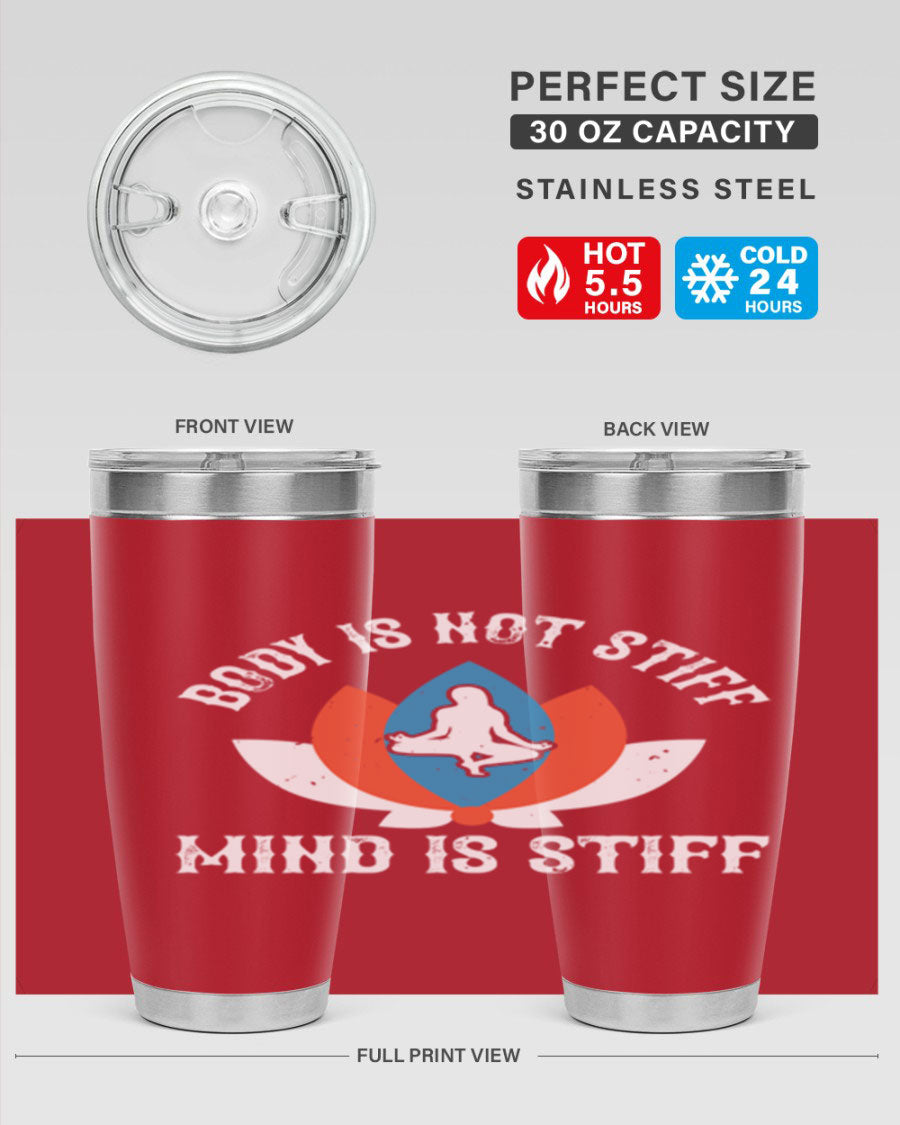 20oz stainless steel tumbler with motivational yoga quote, double wall vacuum insulation, and drink-thru lid.