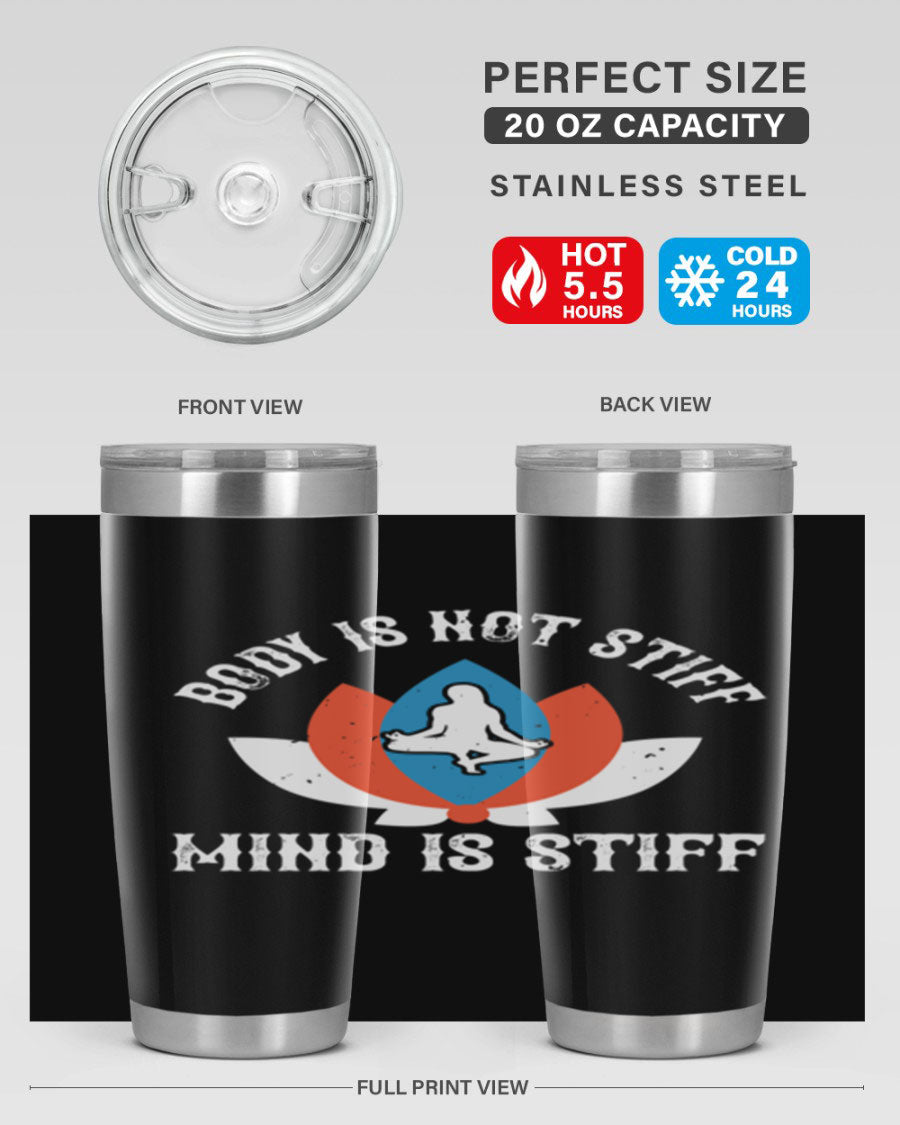 20oz stainless steel tumbler with motivational yoga quote, double wall vacuum insulation, and drink-thru lid.