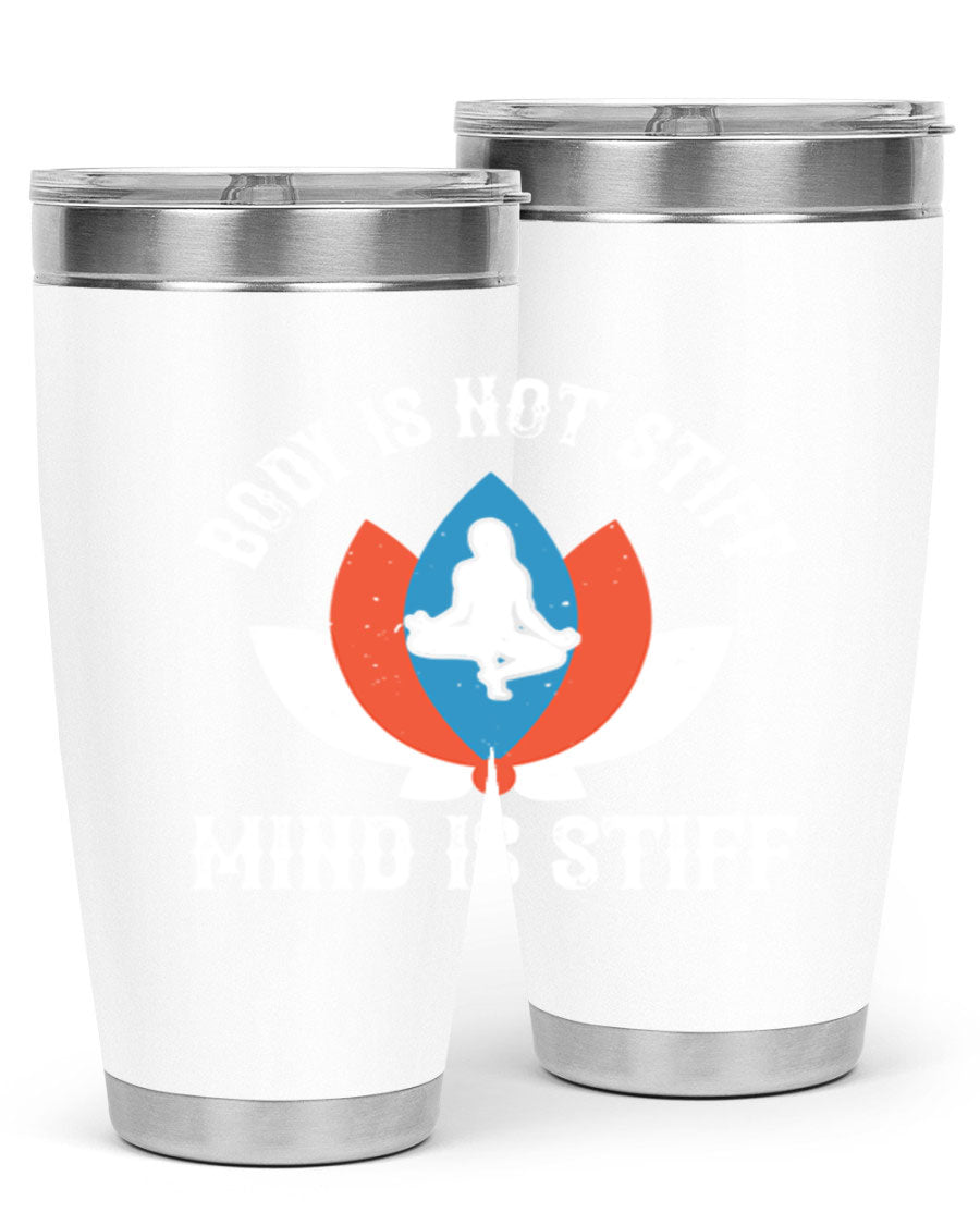 20oz stainless steel tumbler with motivational yoga quote, double wall vacuum insulation, and drink-thru lid.