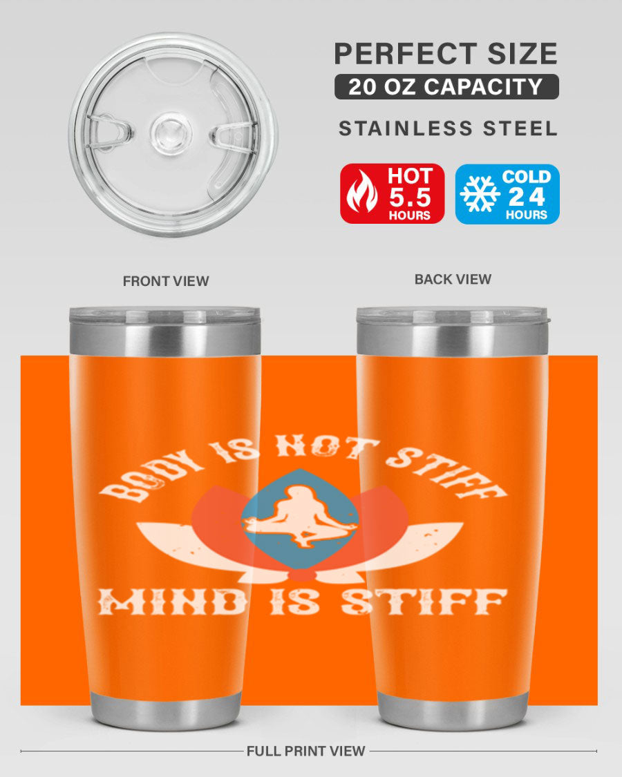 20oz stainless steel tumbler with motivational yoga quote, double wall vacuum insulation, and drink-thru lid.