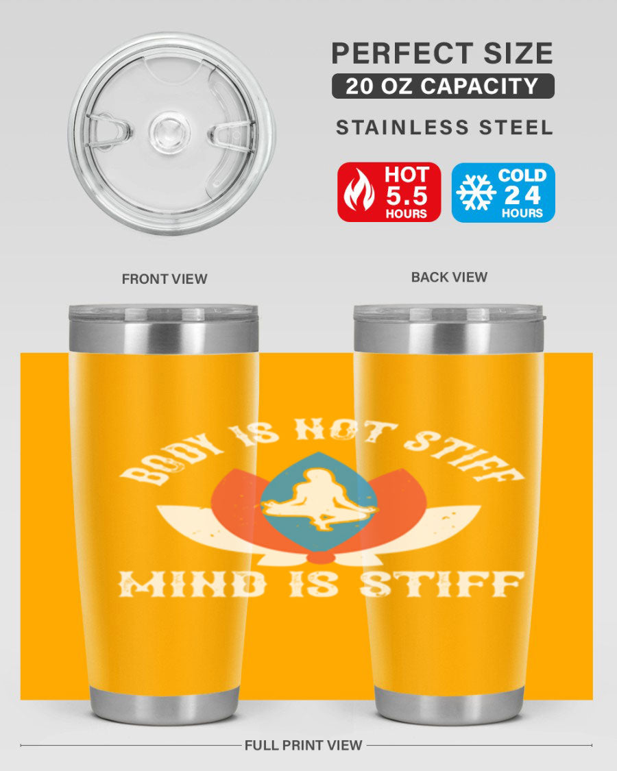 20oz stainless steel tumbler with motivational yoga quote, double wall vacuum insulation, and drink-thru lid.