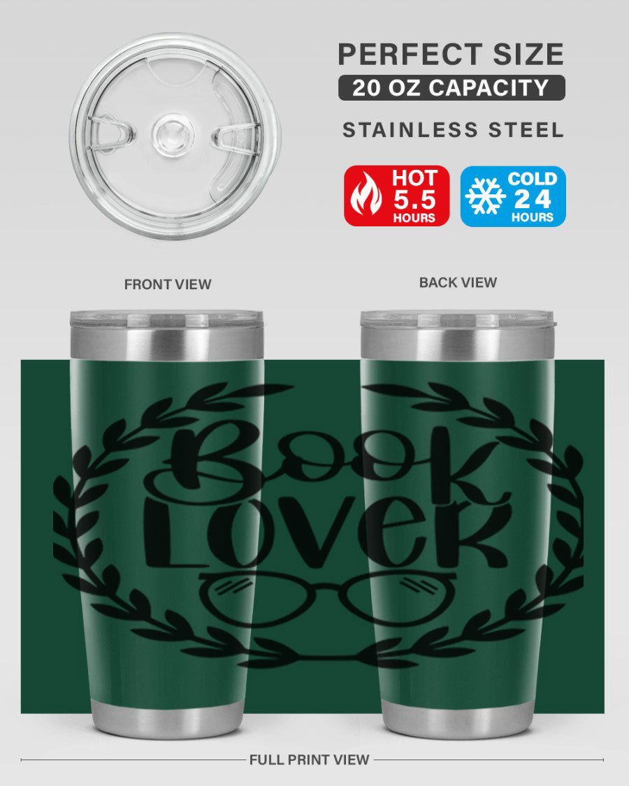 A stylish Book Lover 51# Tumbler made of double wall vacuum stainless steel, featuring a drink-thru lid, perfect for keeping beverages hot or cold.