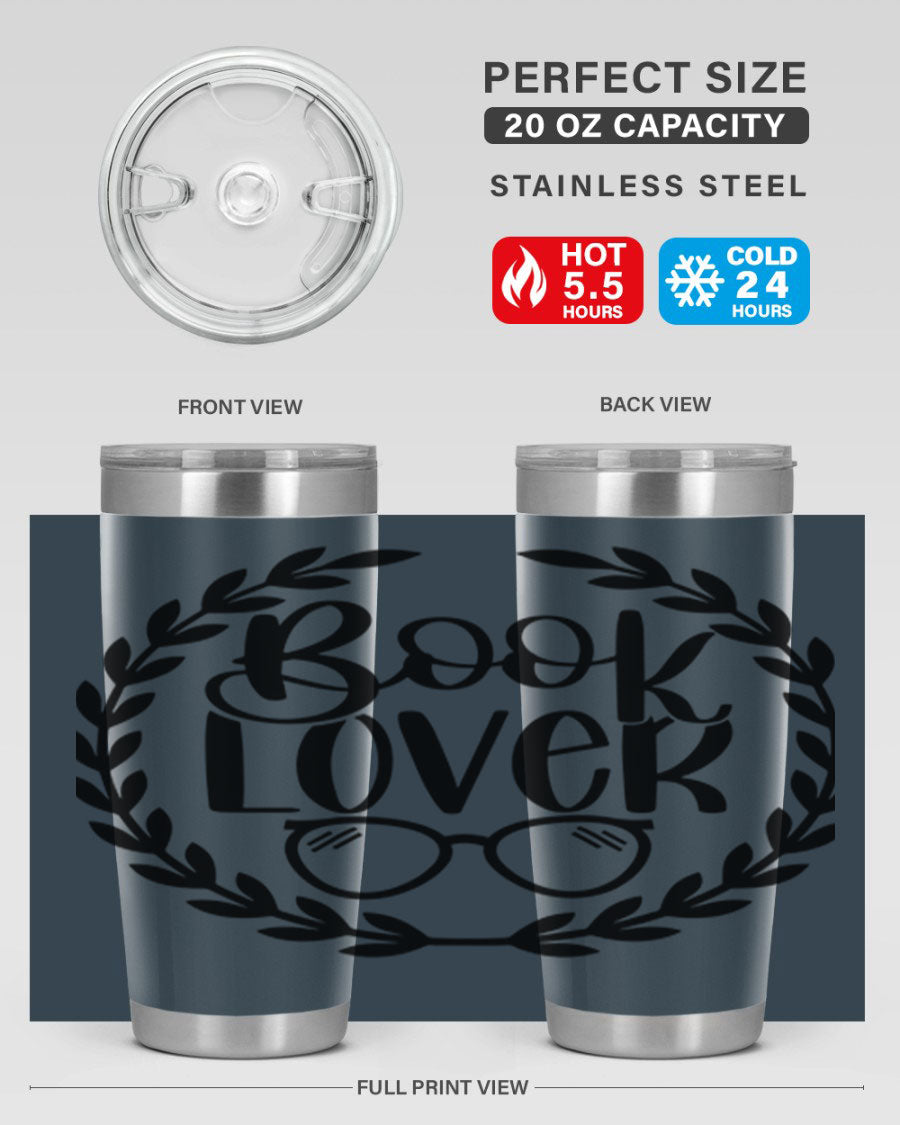 A stylish Book Lover 51# Tumbler made of double wall vacuum stainless steel, featuring a drink-thru lid, perfect for keeping beverages hot or cold.