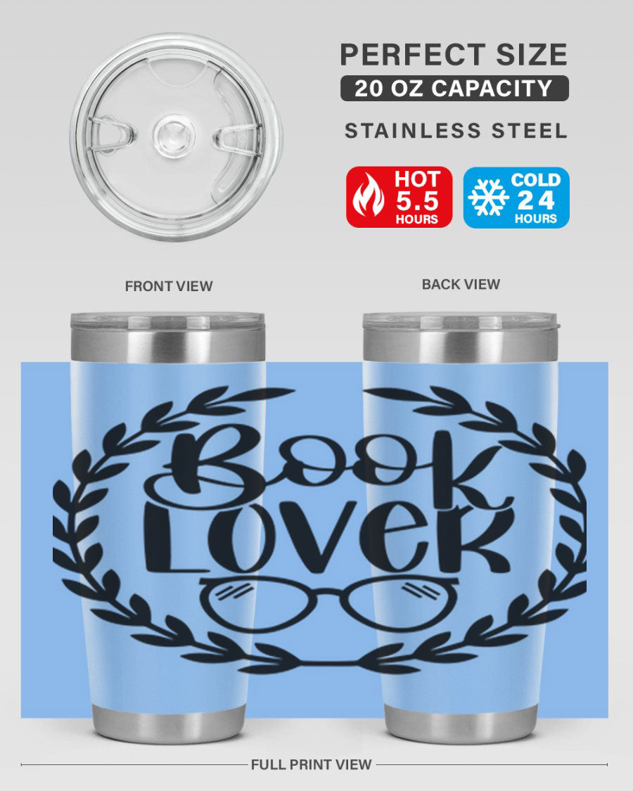 A stylish Book Lover 51# Tumbler made of double wall vacuum stainless steel, featuring a drink-thru lid, perfect for keeping beverages hot or cold.