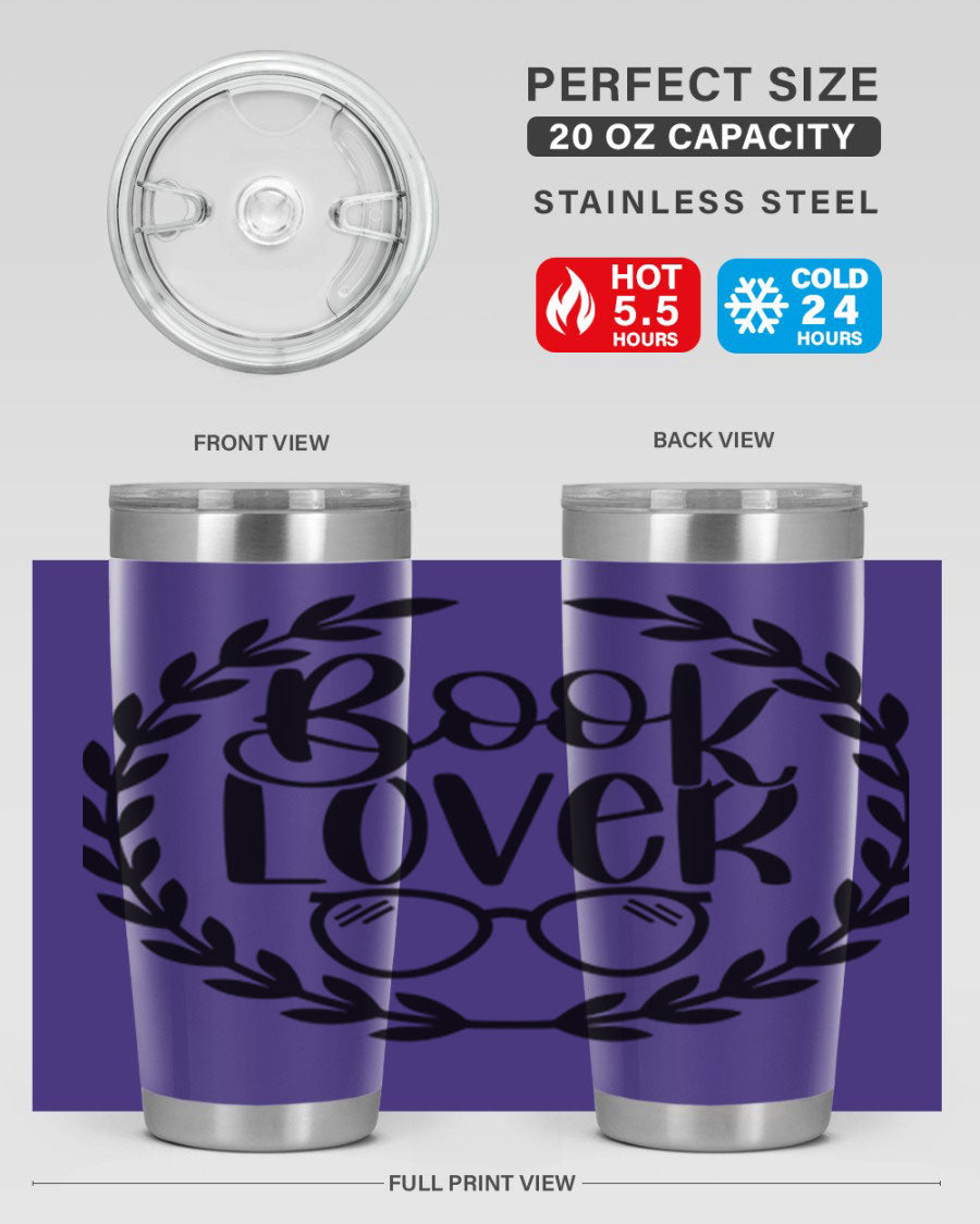 A stylish Book Lover 51# Tumbler made of double wall vacuum stainless steel, featuring a drink-thru lid, perfect for keeping beverages hot or cold.