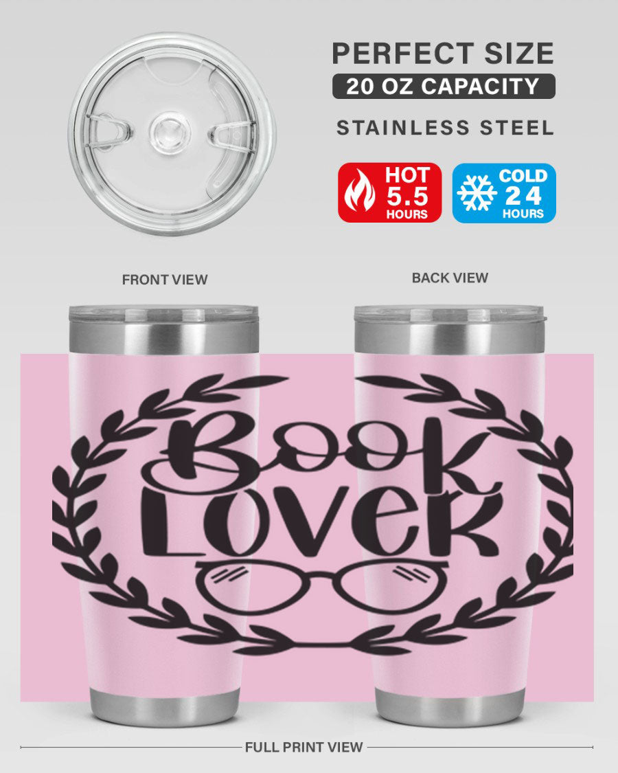 A stylish Book Lover 51# Tumbler made of double wall vacuum stainless steel, featuring a drink-thru lid, perfect for keeping beverages hot or cold.