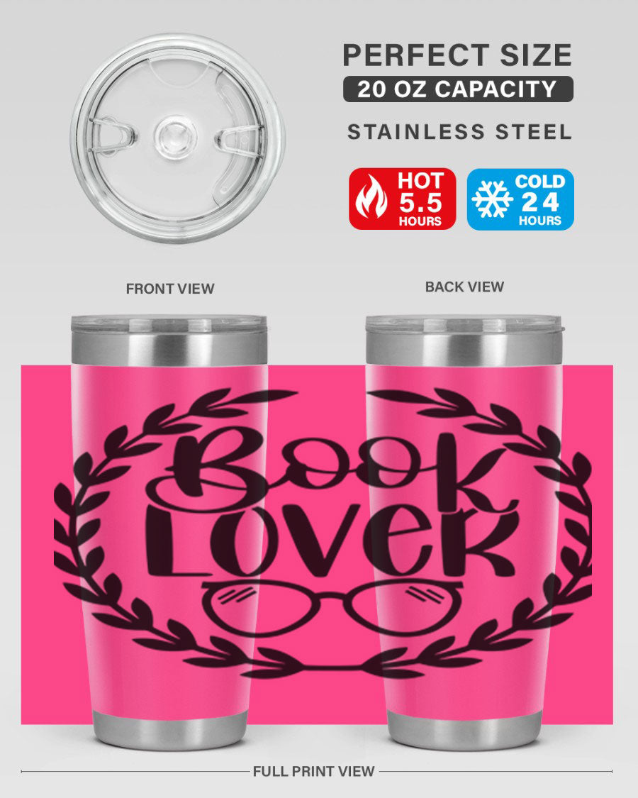 A stylish Book Lover 51# Tumbler made of double wall vacuum stainless steel, featuring a drink-thru lid, perfect for keeping beverages hot or cold.