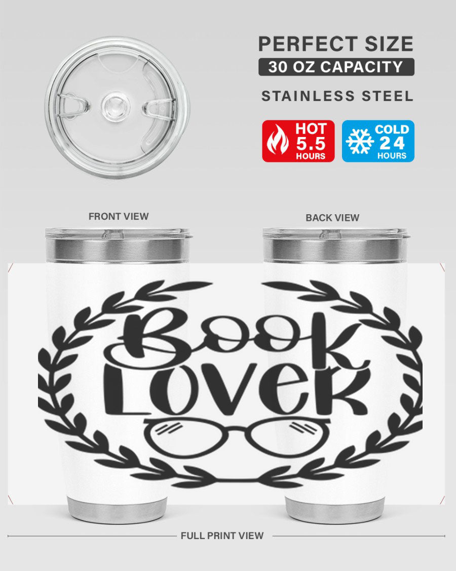 A stylish Book Lover 51# Tumbler made of double wall vacuum stainless steel, featuring a drink-thru lid, perfect for keeping beverages hot or cold.