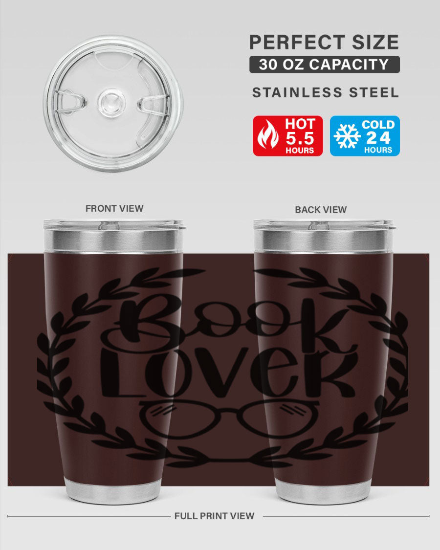 A stylish Book Lover 51# Tumbler made of double wall vacuum stainless steel, featuring a drink-thru lid, perfect for keeping beverages hot or cold.