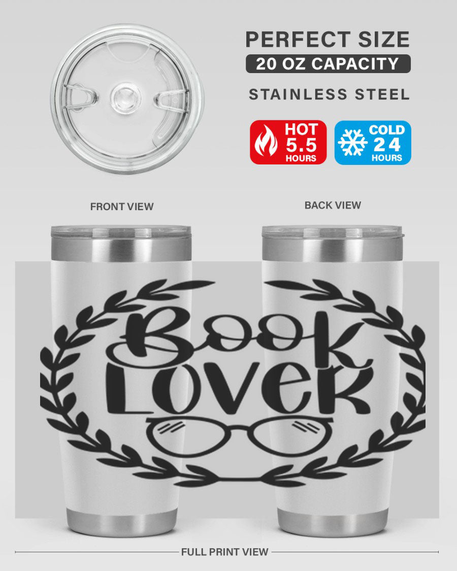 A stylish Book Lover 51# Tumbler made of double wall vacuum stainless steel, featuring a drink-thru lid, perfect for keeping beverages hot or cold.