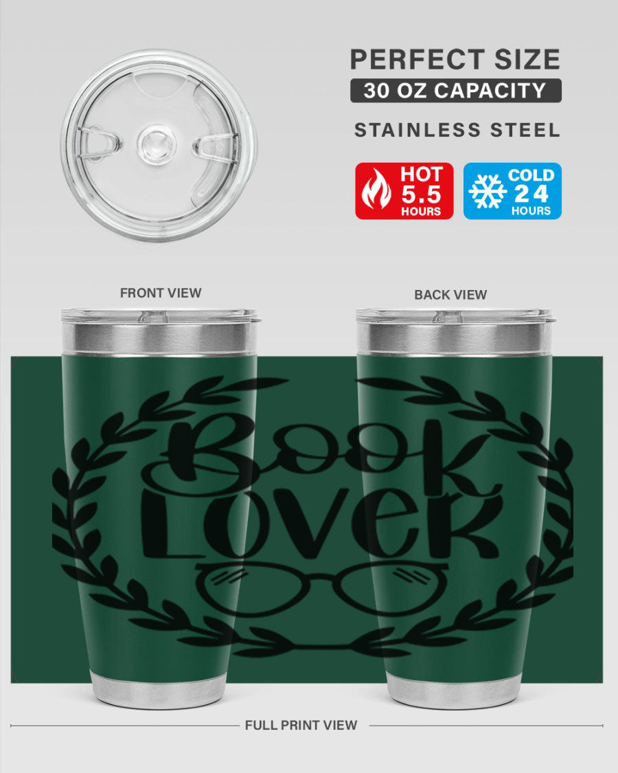 A stylish Book Lover 51# Tumbler made of double wall vacuum stainless steel, featuring a drink-thru lid, perfect for keeping beverages hot or cold.