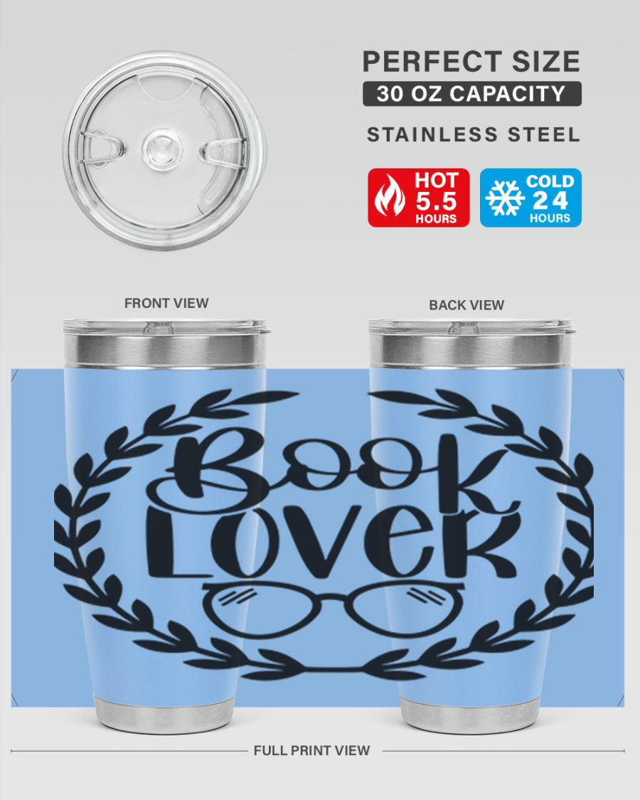 A stylish Book Lover 51# Tumbler made of double wall vacuum stainless steel, featuring a drink-thru lid, perfect for keeping beverages hot or cold.