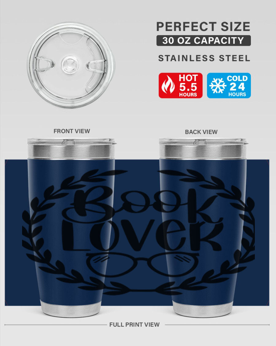 A stylish Book Lover 51# Tumbler made of double wall vacuum stainless steel, featuring a drink-thru lid, perfect for keeping beverages hot or cold.