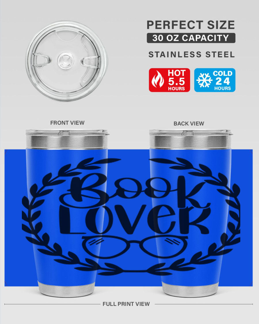 A stylish Book Lover 51# Tumbler made of double wall vacuum stainless steel, featuring a drink-thru lid, perfect for keeping beverages hot or cold.