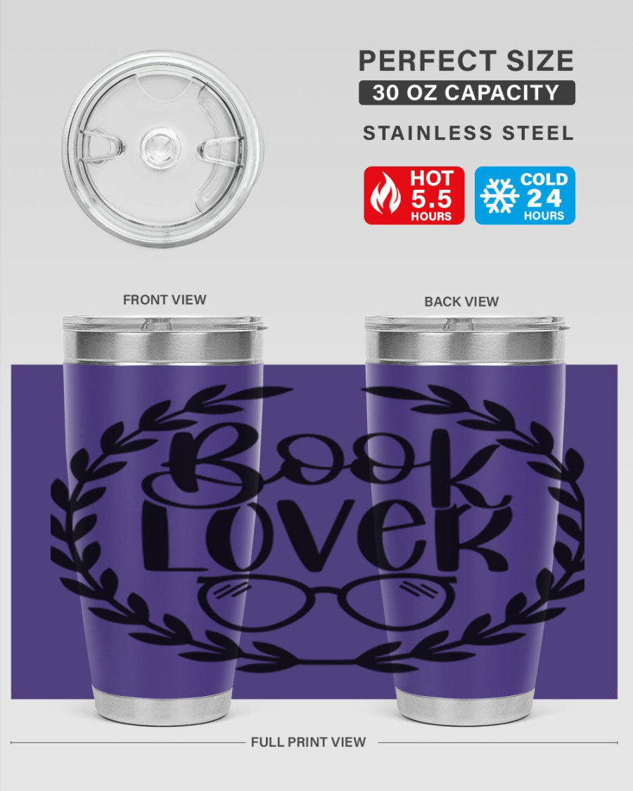 A stylish Book Lover 51# Tumbler made of double wall vacuum stainless steel, featuring a drink-thru lid, perfect for keeping beverages hot or cold.