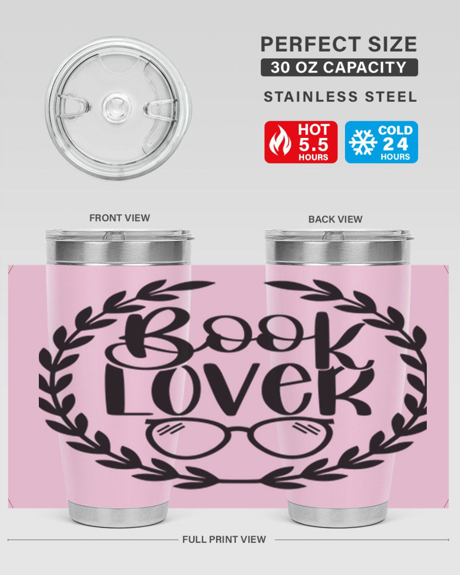 A stylish Book Lover 51# Tumbler made of double wall vacuum stainless steel, featuring a drink-thru lid, perfect for keeping beverages hot or cold.