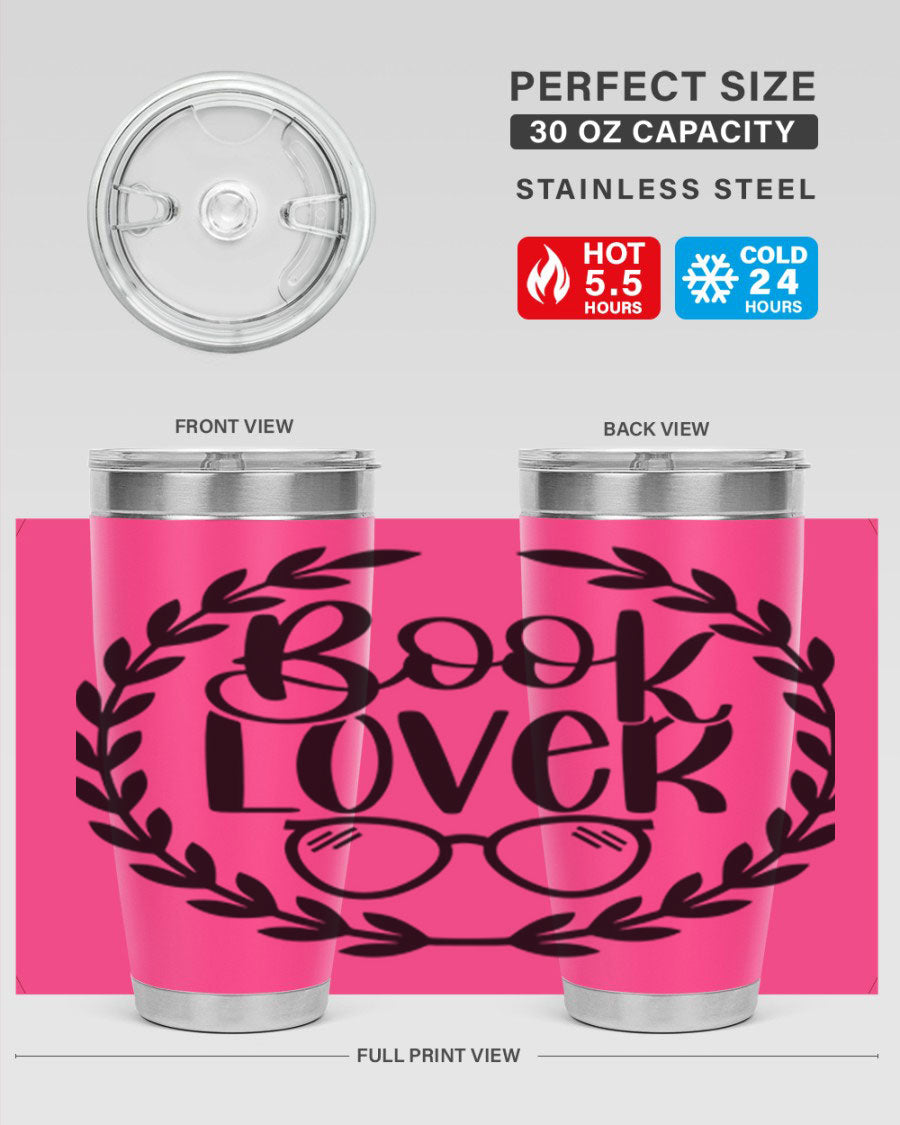 A stylish Book Lover 51# Tumbler made of double wall vacuum stainless steel, featuring a drink-thru lid, perfect for keeping beverages hot or cold.