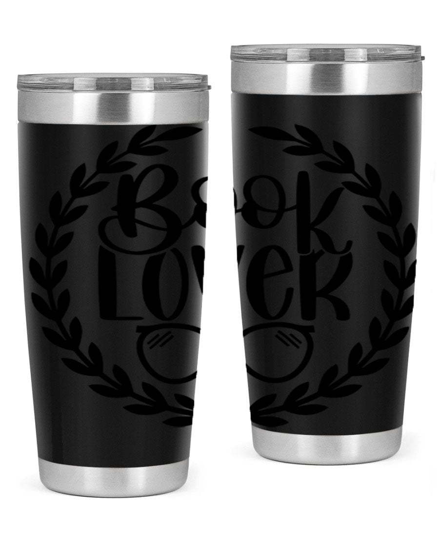 A stylish Book Lover 51# Tumbler made of double wall vacuum stainless steel, featuring a drink-thru lid, perfect for keeping beverages hot or cold.