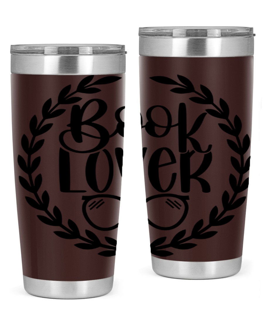 A stylish Book Lover 51# Tumbler made of double wall vacuum stainless steel, featuring a drink-thru lid, perfect for keeping beverages hot or cold.