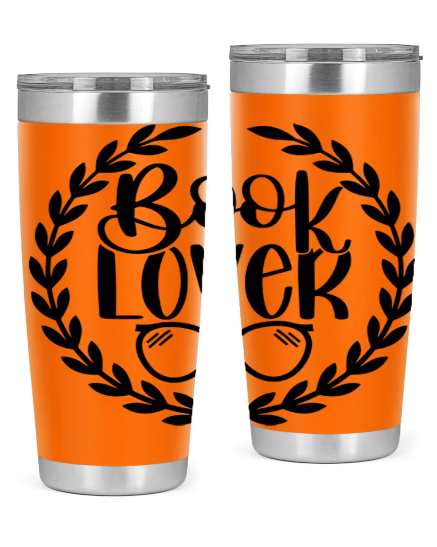 A stylish Book Lover 51# Tumbler made of double wall vacuum stainless steel, featuring a drink-thru lid, perfect for keeping beverages hot or cold.