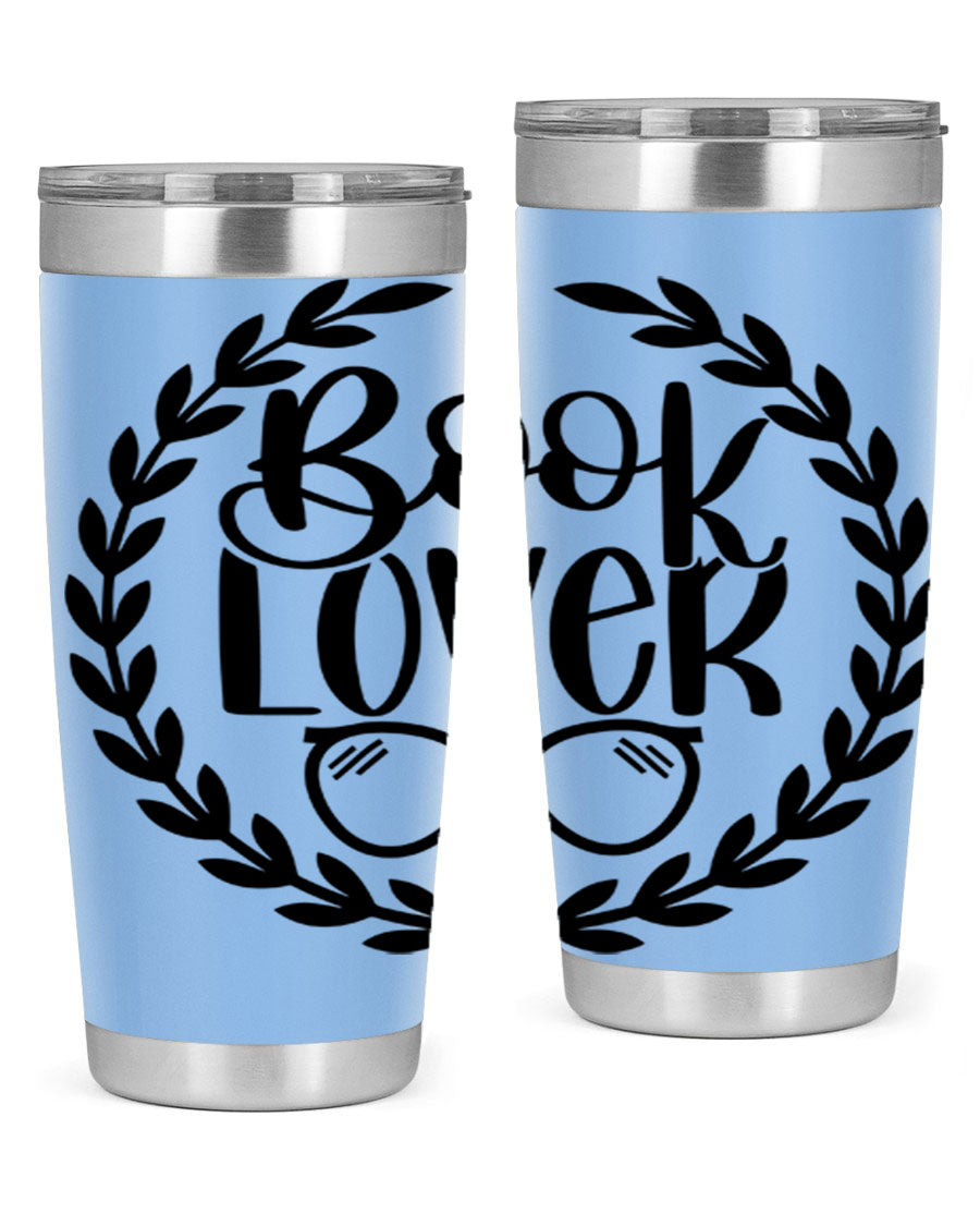 A stylish Book Lover 51# Tumbler made of double wall vacuum stainless steel, featuring a drink-thru lid, perfect for keeping beverages hot or cold.