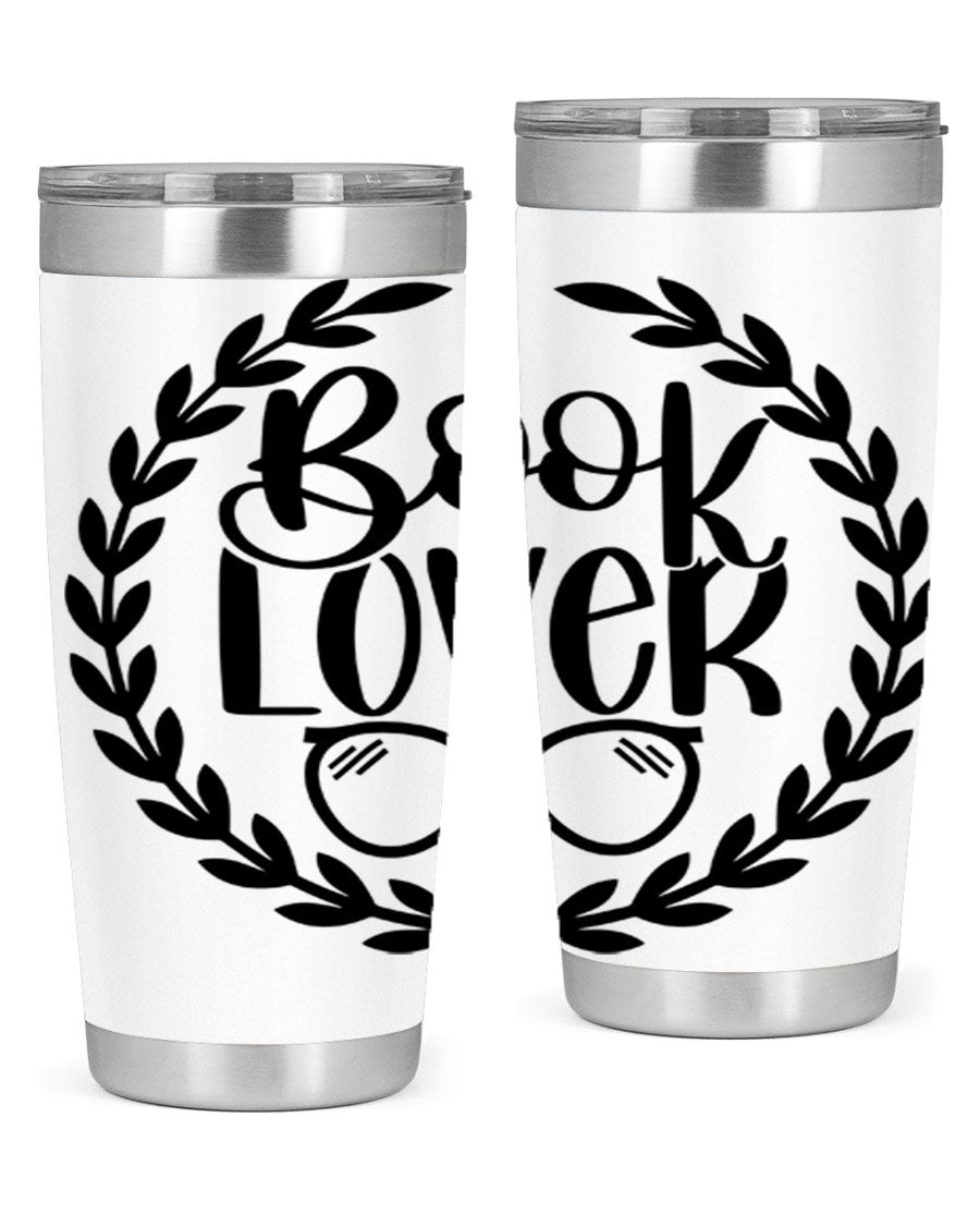 A stylish Book Lover 51# Tumbler made of double wall vacuum stainless steel, featuring a drink-thru lid, perfect for keeping beverages hot or cold.