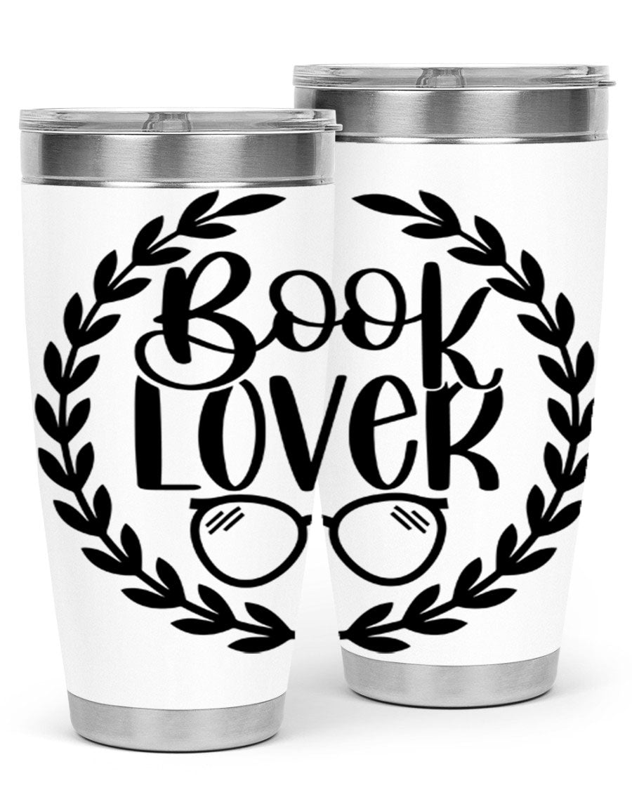 A stylish Book Lover 51# Tumbler made of double wall vacuum stainless steel, featuring a drink-thru lid, perfect for keeping beverages hot or cold.