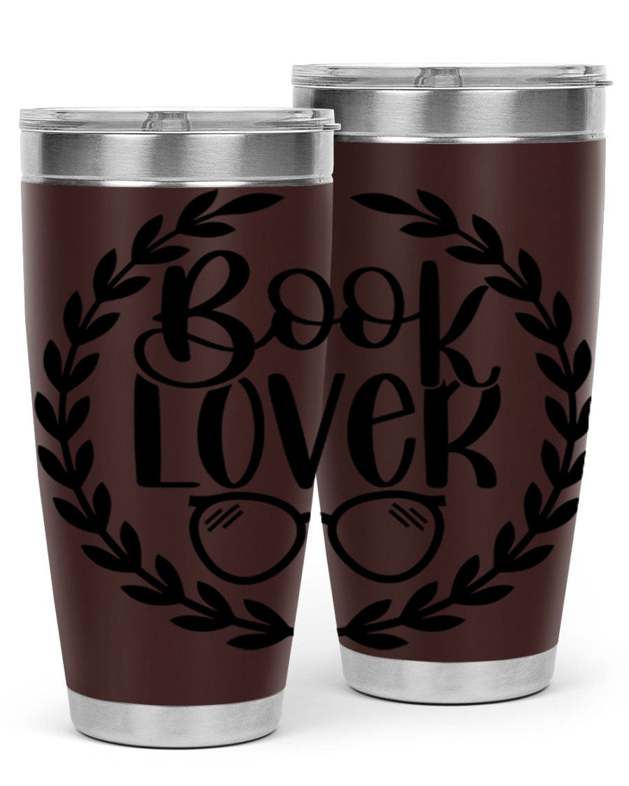 A stylish Book Lover 51# Tumbler made of double wall vacuum stainless steel, featuring a drink-thru lid, perfect for keeping beverages hot or cold.