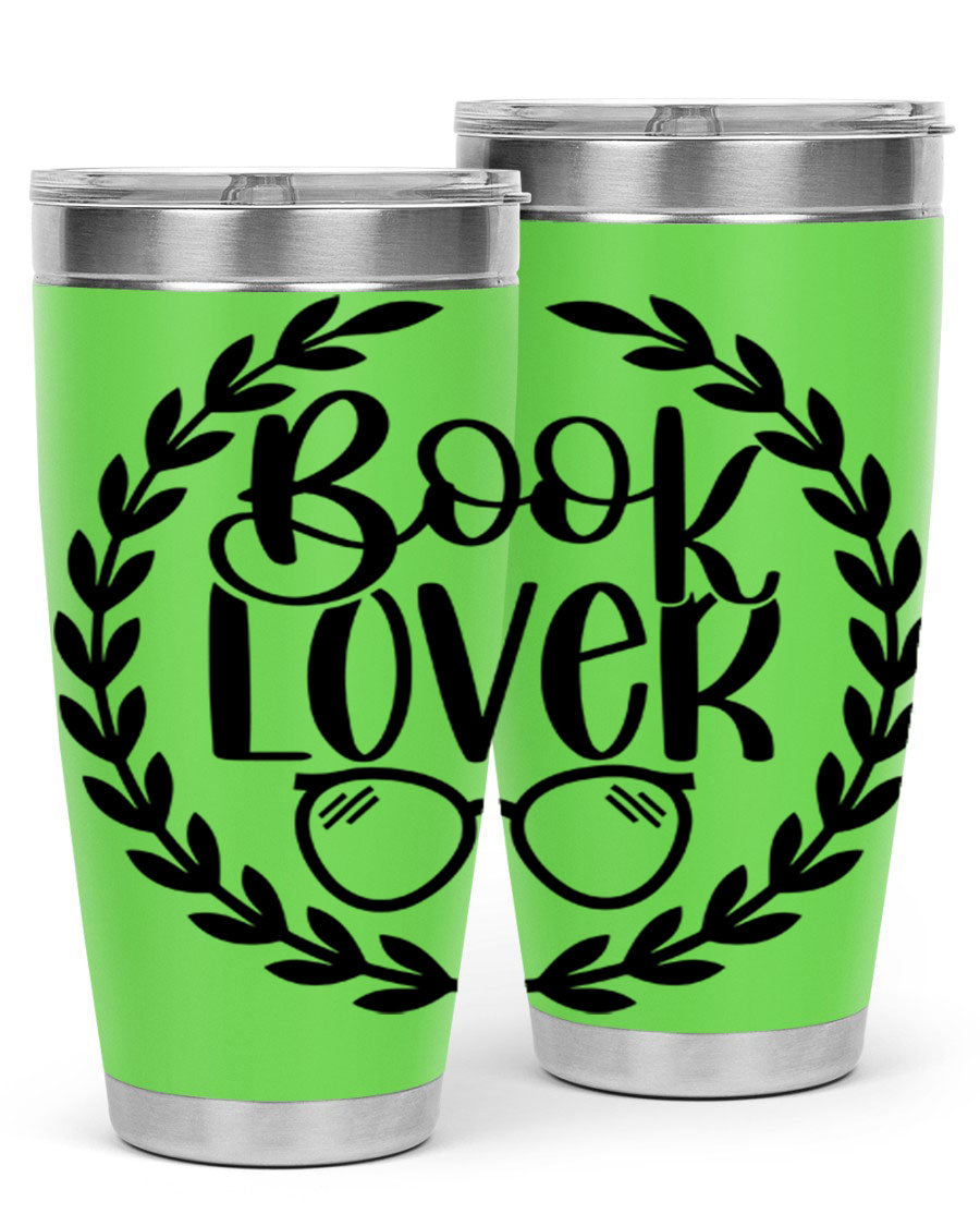 A stylish Book Lover 51# Tumbler made of double wall vacuum stainless steel, featuring a drink-thru lid, perfect for keeping beverages hot or cold.