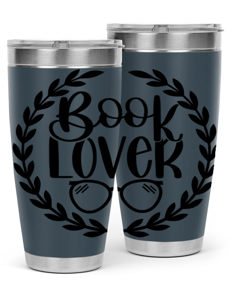 A stylish Book Lover 51# Tumbler made of double wall vacuum stainless steel, featuring a drink-thru lid, perfect for keeping beverages hot or cold.