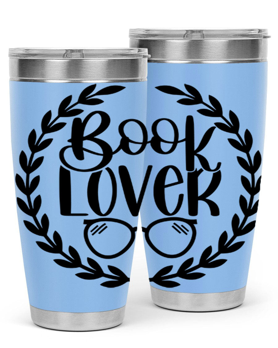 A stylish Book Lover 51# Tumbler made of double wall vacuum stainless steel, featuring a drink-thru lid, perfect for keeping beverages hot or cold.