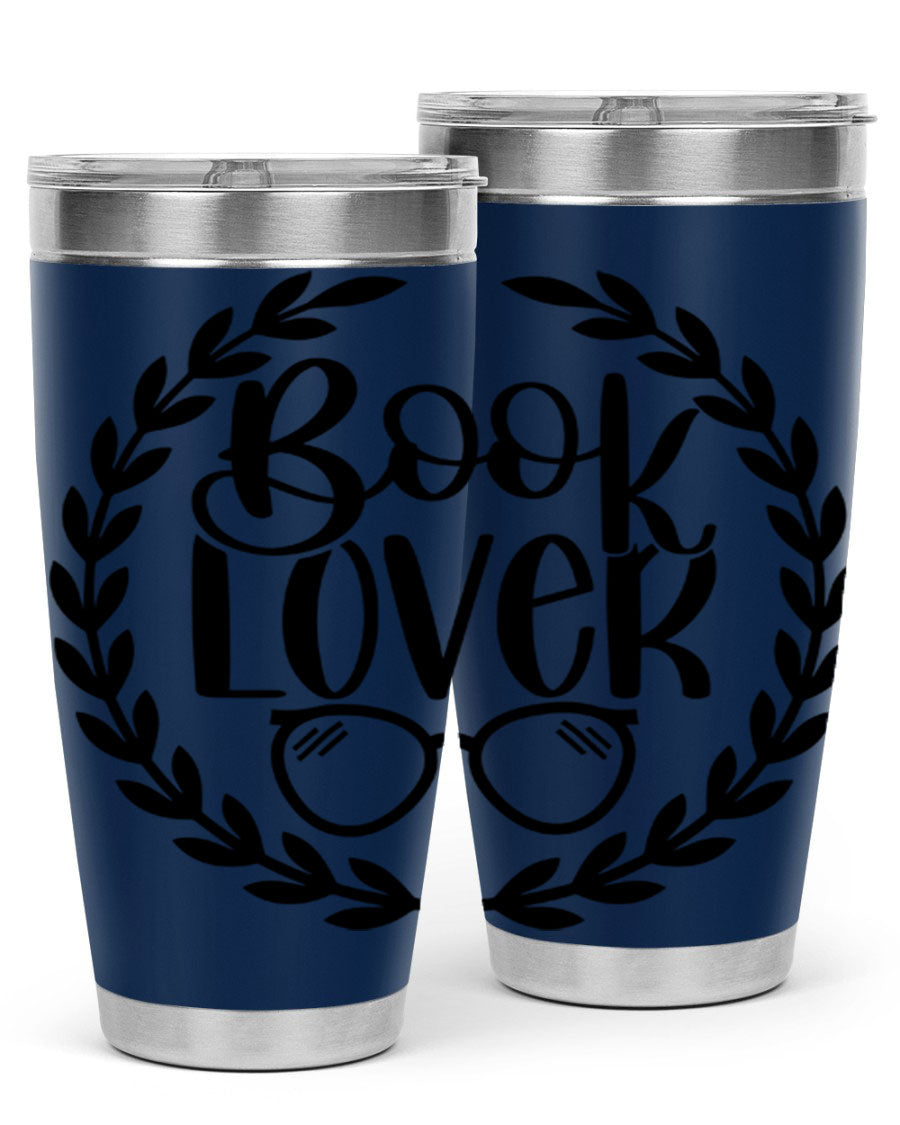 A stylish Book Lover 51# Tumbler made of double wall vacuum stainless steel, featuring a drink-thru lid, perfect for keeping beverages hot or cold.