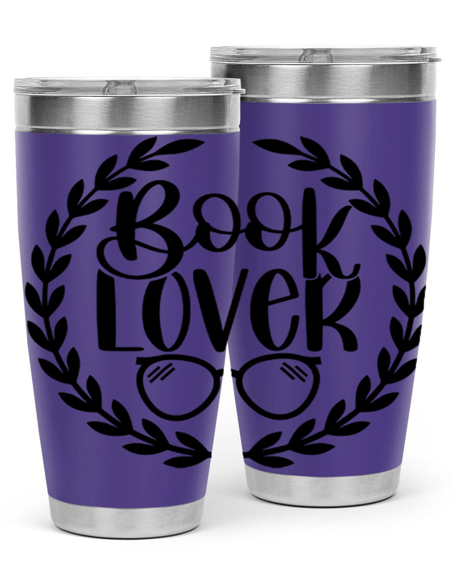 A stylish Book Lover 51# Tumbler made of double wall vacuum stainless steel, featuring a drink-thru lid, perfect for keeping beverages hot or cold.