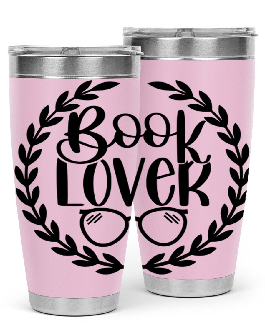 A stylish Book Lover 51# Tumbler made of double wall vacuum stainless steel, featuring a drink-thru lid, perfect for keeping beverages hot or cold.