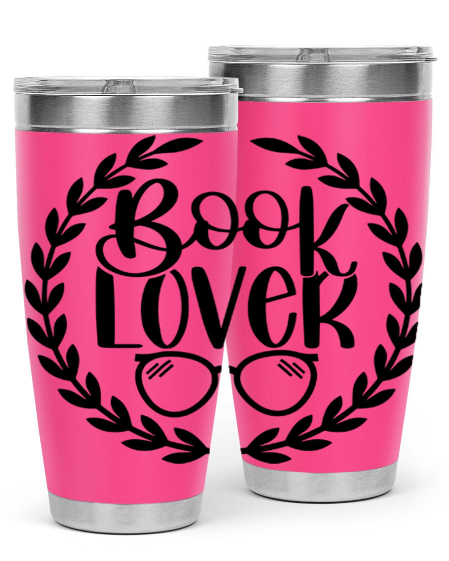 A stylish Book Lover 51# Tumbler made of double wall vacuum stainless steel, featuring a drink-thru lid, perfect for keeping beverages hot or cold.