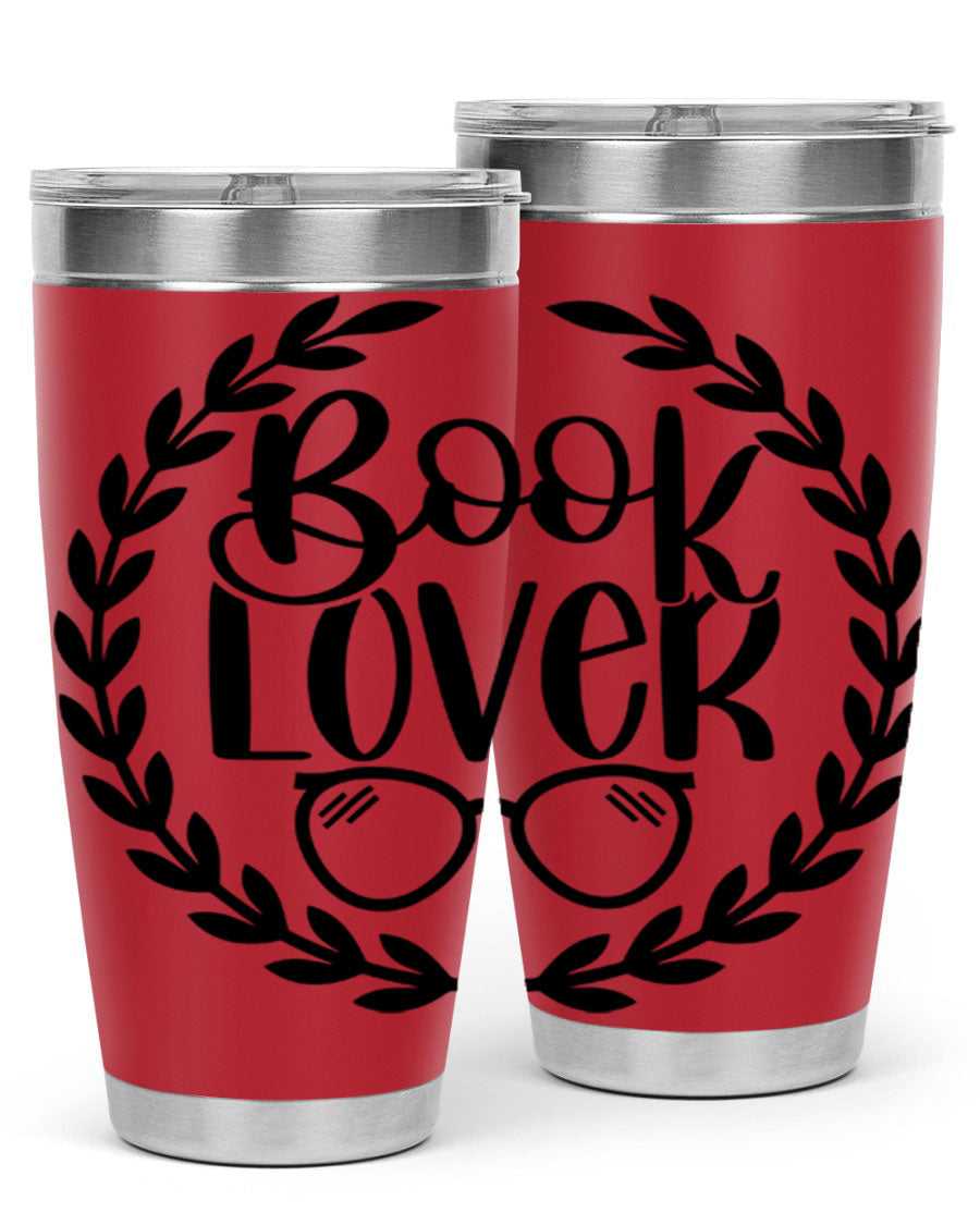 A stylish Book Lover 51# Tumbler made of double wall vacuum stainless steel, featuring a drink-thru lid, perfect for keeping beverages hot or cold.