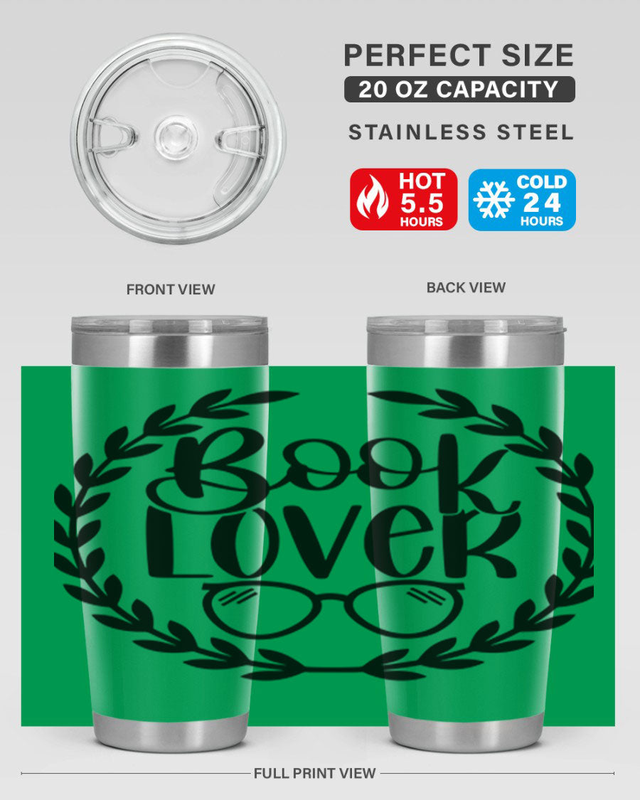 A stylish Book Lover 51# Tumbler made of double wall vacuum stainless steel, featuring a drink-thru lid, perfect for keeping beverages hot or cold.