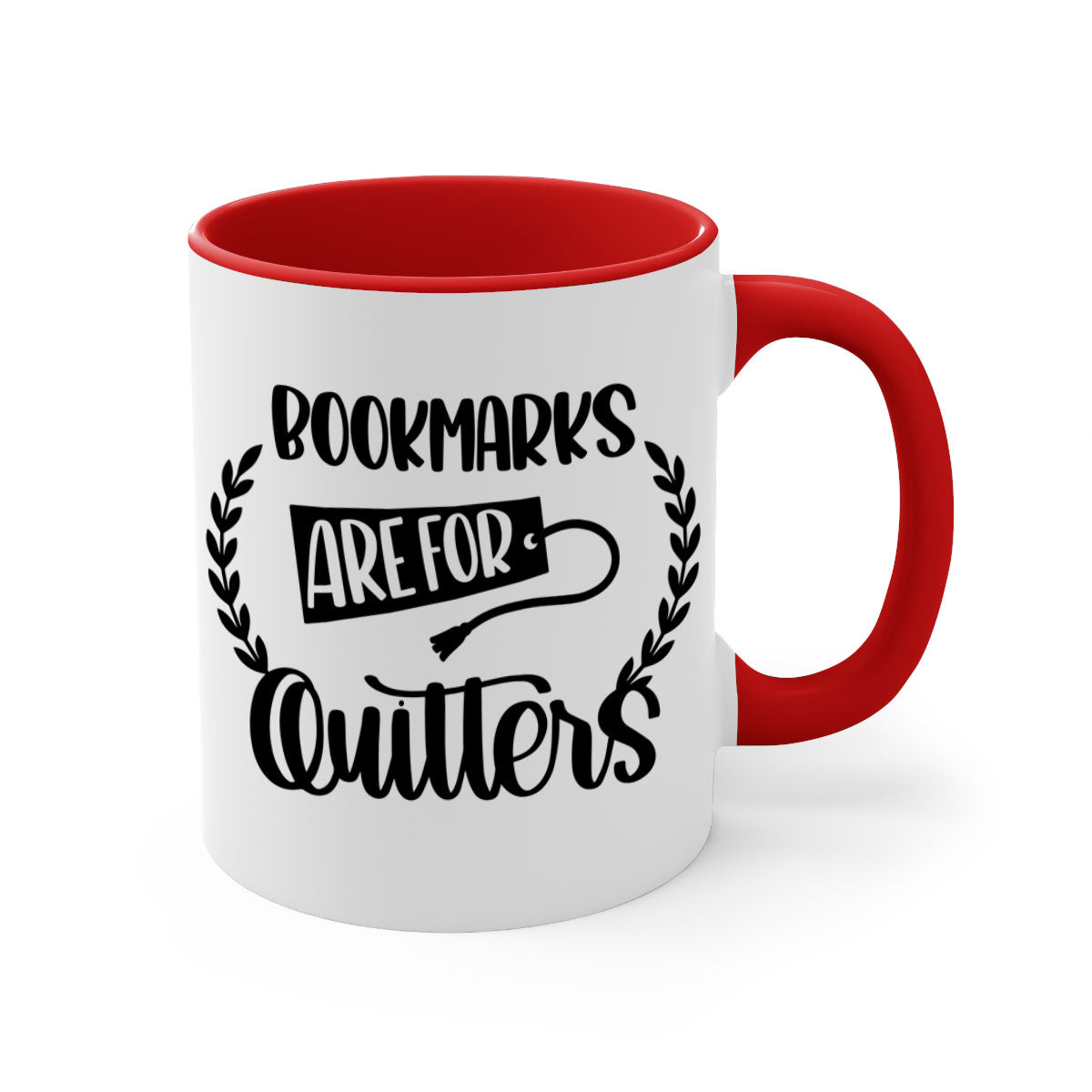 A stylish two-tone ceramic mug with the phrase 'Bookmarks Are for Quitters', featuring a colored handle and glossy finish.