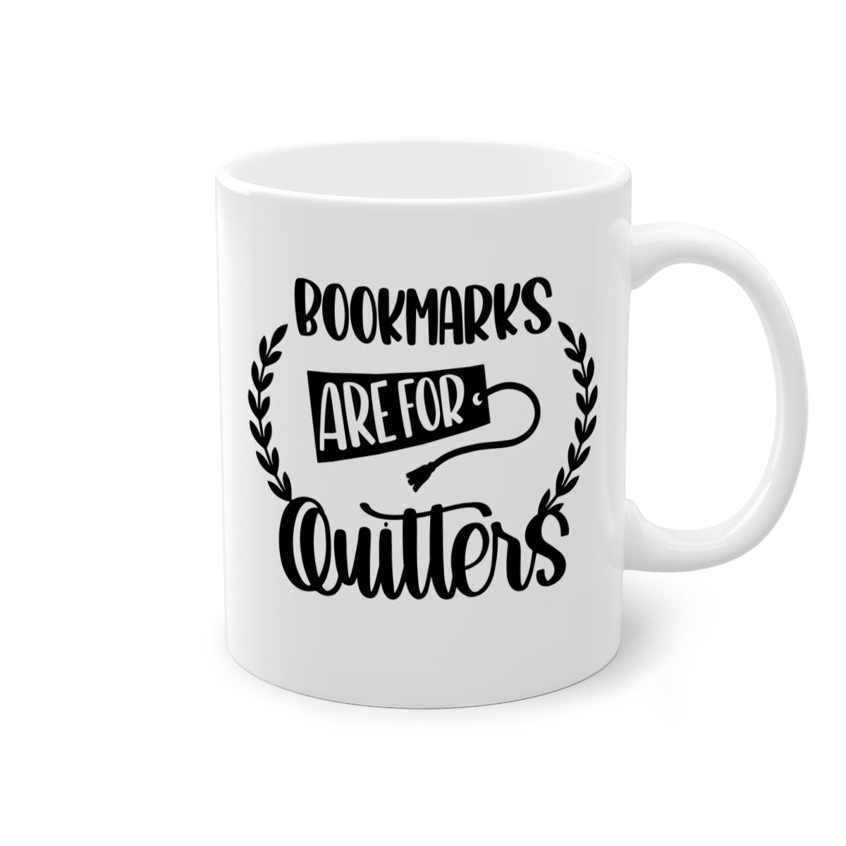 A stylish two-tone ceramic mug with the phrase 'Bookmarks Are for Quitters', featuring a colored handle and glossy finish.