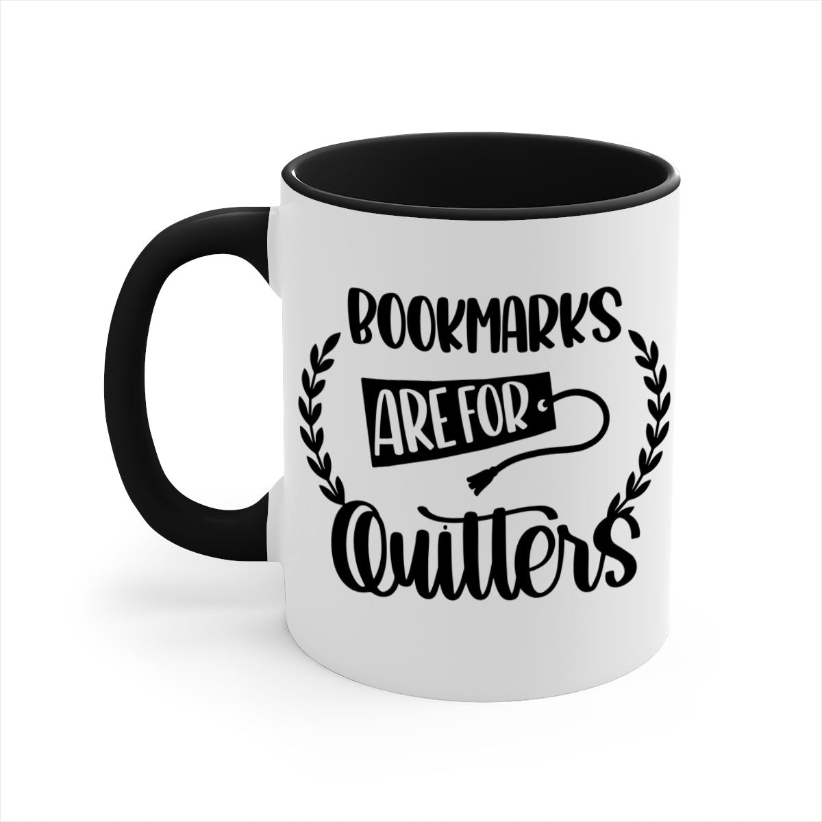 A stylish two-tone ceramic mug with the phrase 'Bookmarks Are for Quitters', featuring a colored handle and glossy finish.