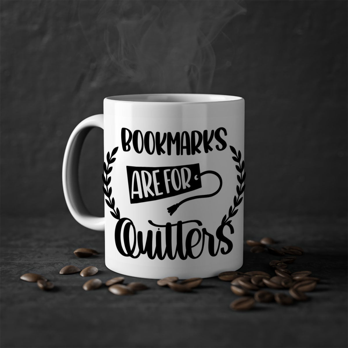 A stylish two-tone ceramic mug with the phrase 'Bookmarks Are for Quitters', featuring a colored handle and glossy finish.