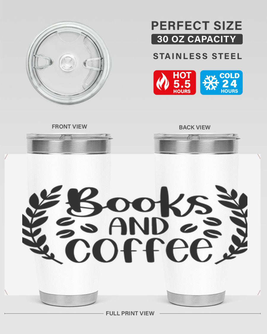 Books and Coffee 47# 20oz Tumbler featuring double wall vacuum insulation and a stylish design, perfect for hot and cold beverages.