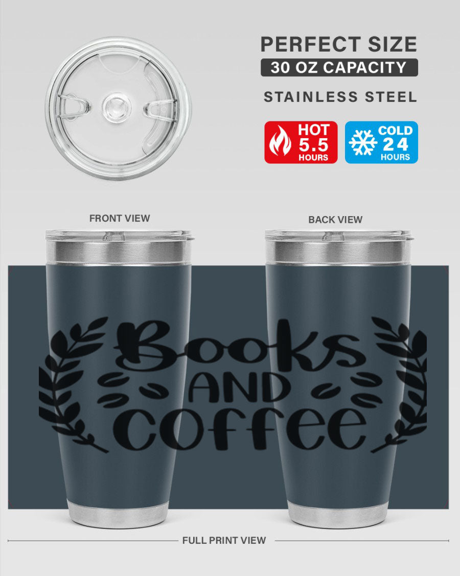 Books and Coffee 47# 20oz Tumbler featuring double wall vacuum insulation and a stylish design, perfect for hot and cold beverages.