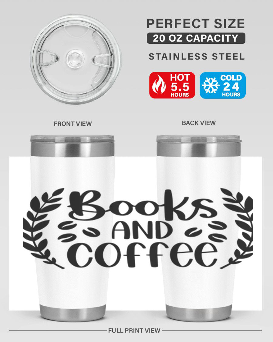 Books and Coffee 47# 20oz Tumbler featuring double wall vacuum insulation and a stylish design, perfect for hot and cold beverages.