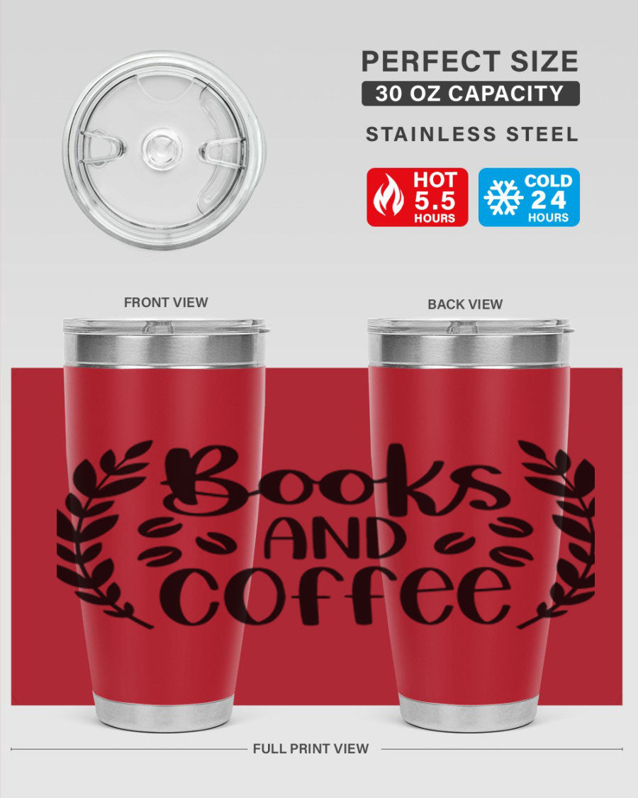 Books and Coffee 47# 20oz Tumbler featuring double wall vacuum insulation and a stylish design, perfect for hot and cold beverages.