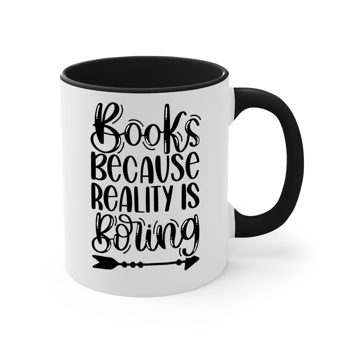 A stylish two-tone ceramic mug with the phrase 'Books Because Reality is Boring', featuring a colored handle and glossy finish.