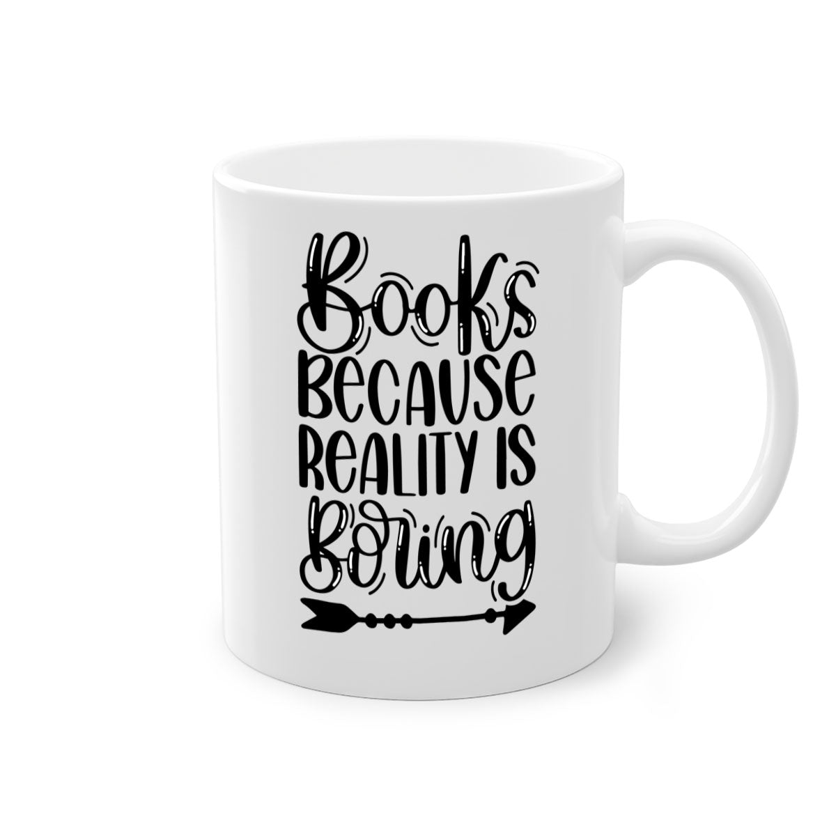 A stylish two-tone ceramic mug with the phrase 'Books Because Reality is Boring', featuring a colored handle and glossy finish.